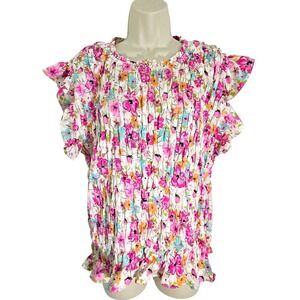 Hayden Los Angeles‎ Top 1XL Floral Ruffle Flutter Sleeve Shirred Pink Blouse